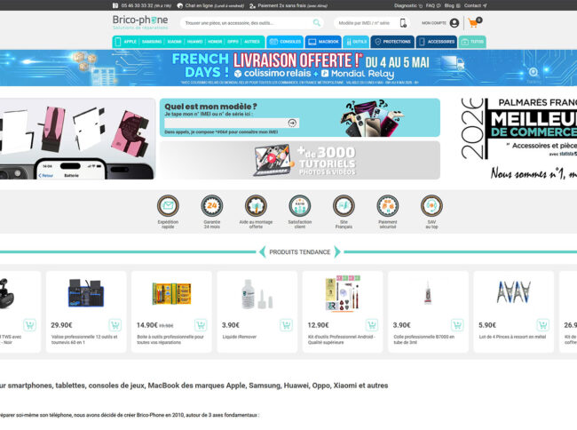 Site e-commerce Bricophone — réparation tech et pièces détachées smartphones